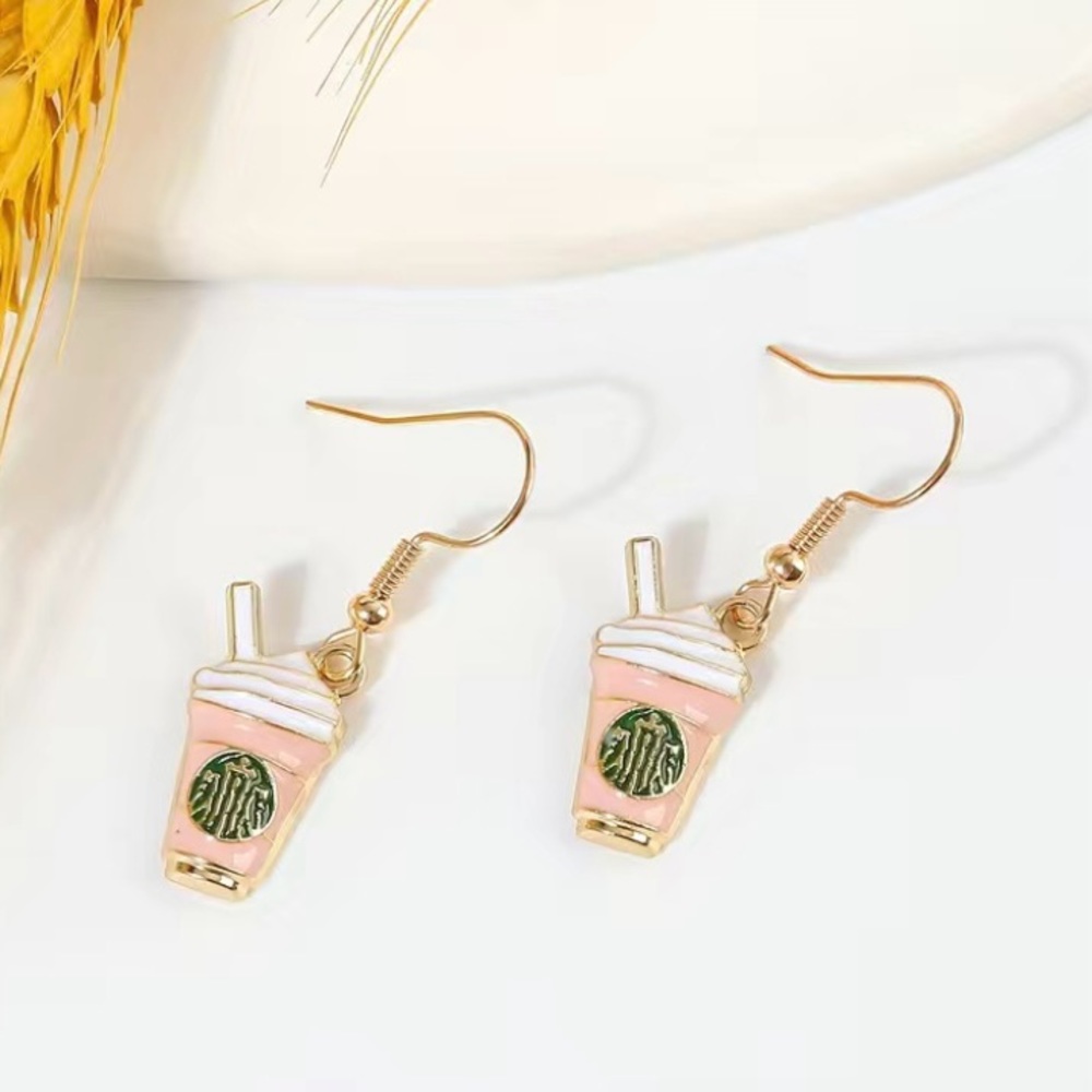 Pink Frappuccino Coffee Pendant Dangle Earrings NEW - Picture 2 of 2